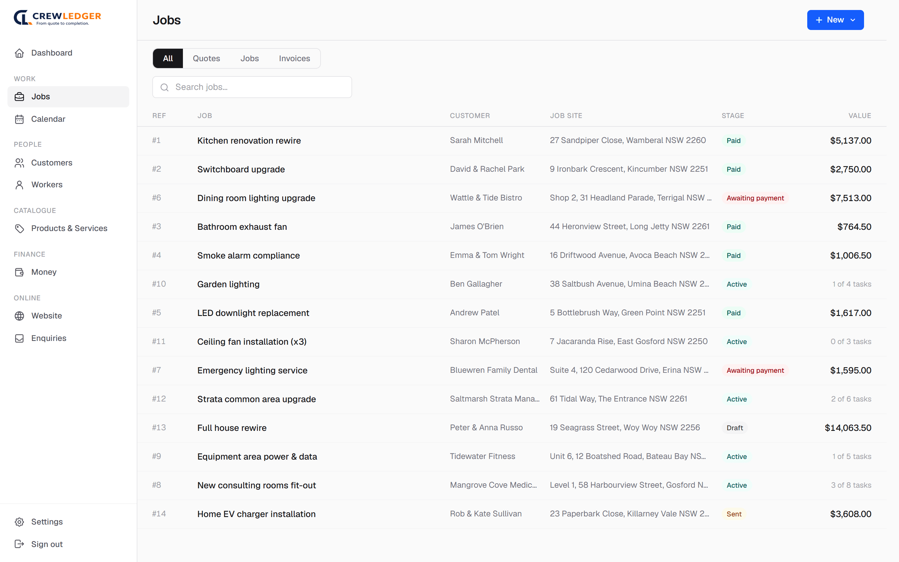 CrewLedger Jobs list on desktop for the demo business Spark & Sons Electrical, with columns for reference, job, customer, job site, stage and value.