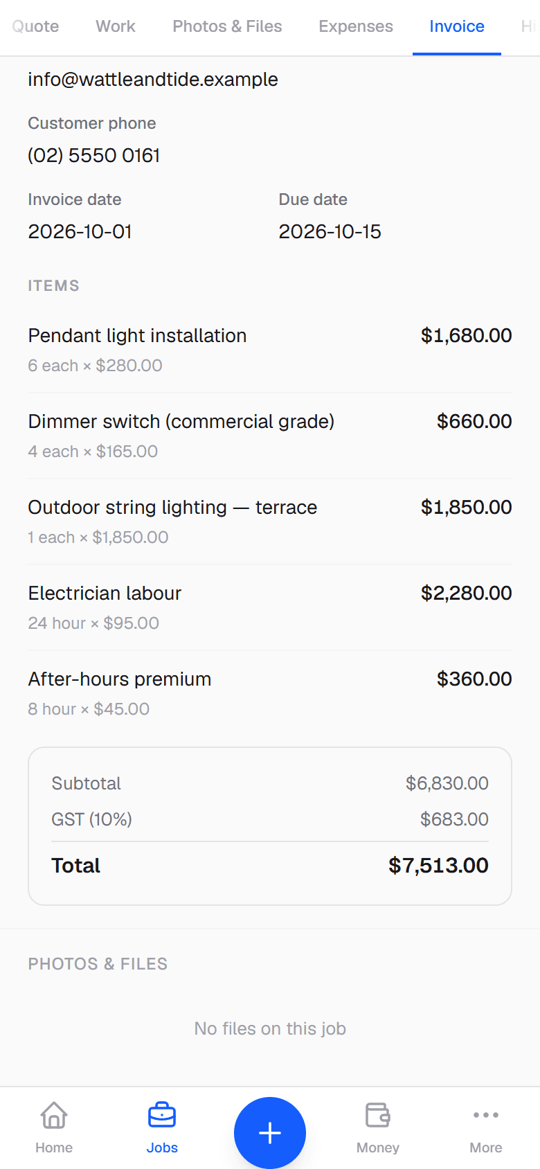 The same job’s invoice in CrewLedger on a phone: five line items, subtotal $6,830.00, GST $683.00 and total $7,513.00.